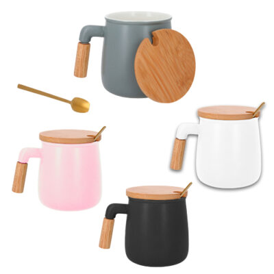 TAZA CON TAPA DE BAMBU Taza con tapa de bambu sin duda ideal para regalar en cualquier festividad ademas tiene cuchara y se puede grabar en sand blast