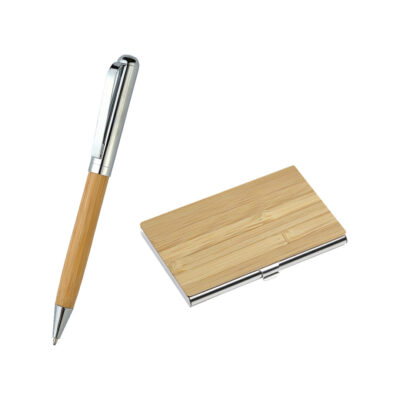 JUEGO PLUMA Y TARJETERO DE BAMBU Juego pluma y tarjetero de bambu sin duda ideal para regalar a tus clientes en cualquier ocasion ademas tiene una caja muy bonita 