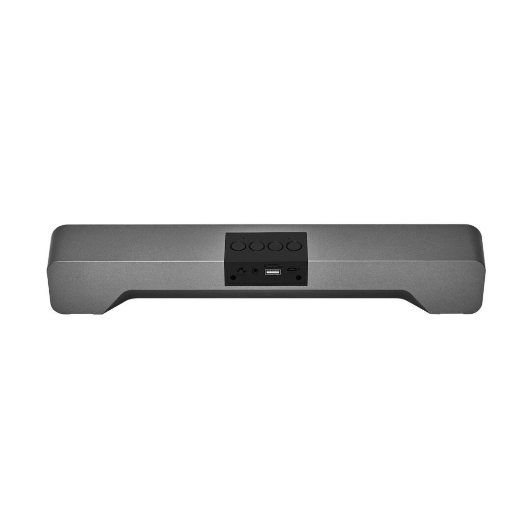 Bocina bluetooth con batería recargable. Tiempo de reproducción de 4 hrs aproximadamente. Controles integrados de volumen y reproducción de audio. Cuenta con puerto para tarjeta TF y modo radio FM. Incluye cable cargador USB.